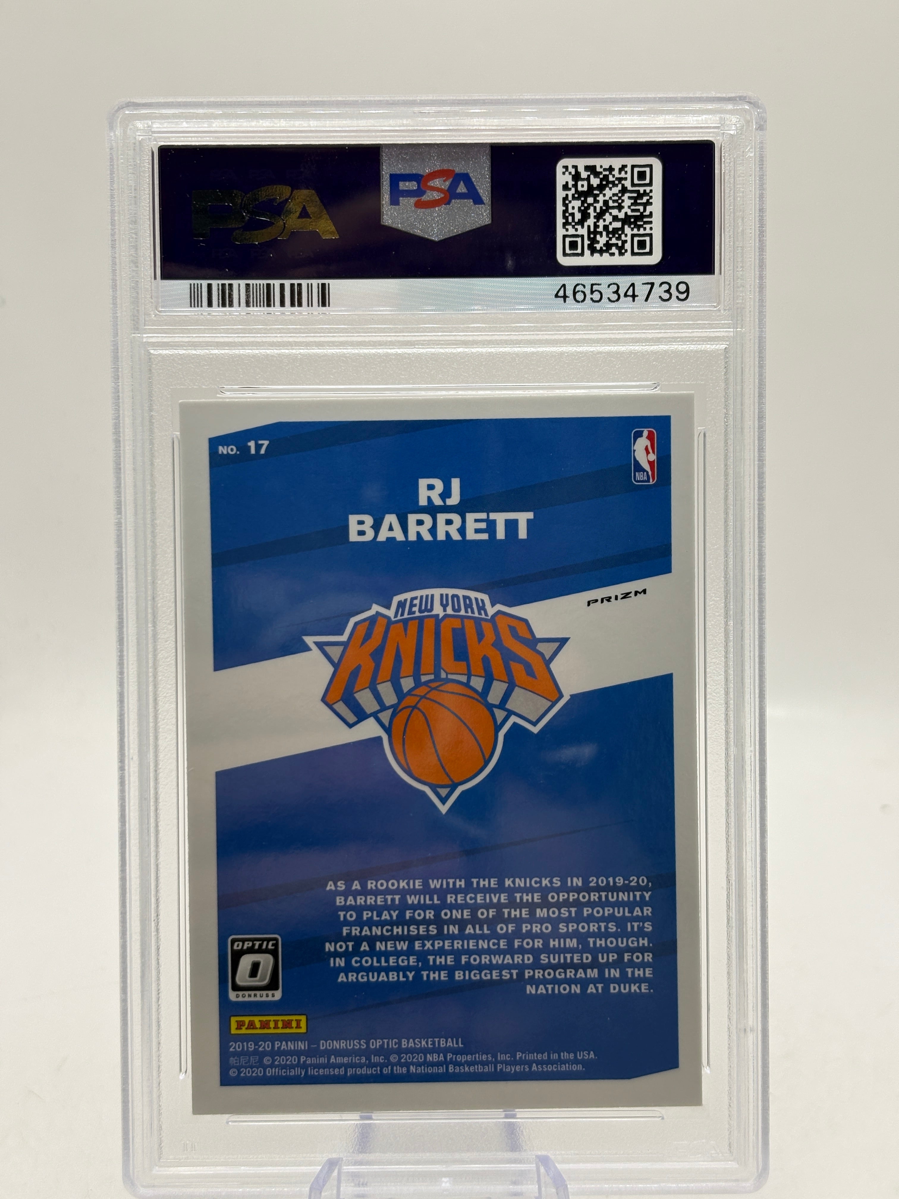 2019 Panini Donruss Optic #17 RJ Barrett My House Holo PSA 10, photo 2